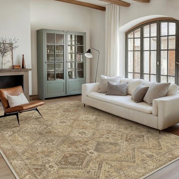 8x10 Nut Brown Area Rug Washable Non-Slip Vintage Chenille Distressed Carpet